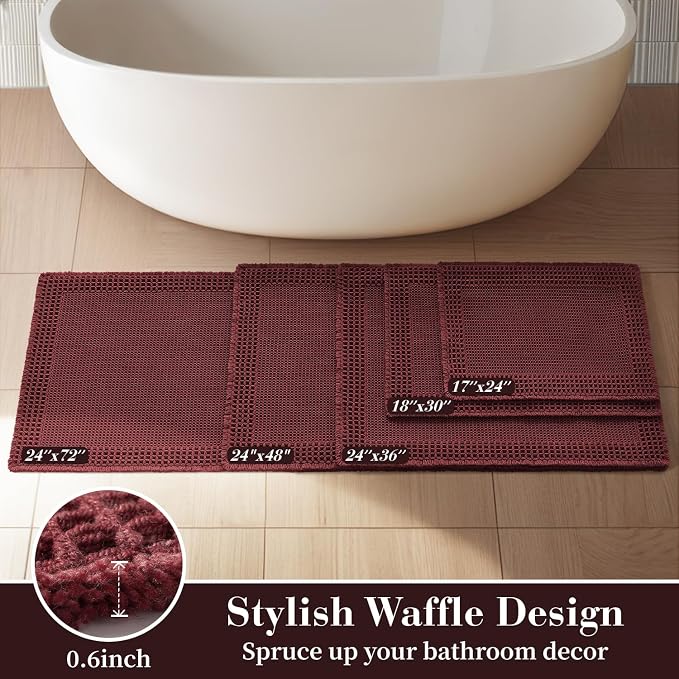 RESARE Waffle Bathroom Runner Rugs, Super Absorbent Bath Mat Non Slip Washable Quick Dry, Upgraded Ultra Soft Boho Bath Rugs with Tassels, Farmhouse Home Decor Accessories, 2'x4'(24"x48") Dark Red