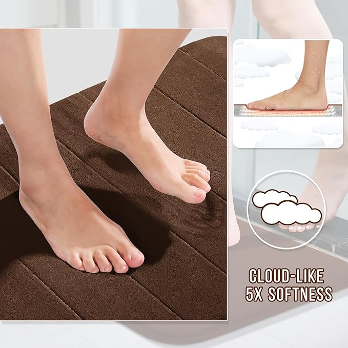 Yimobra Memory Foam Bathroom Rugs Sets 2 Piece - Super Soft Absorbent Quick Dry Bath Mat Set, Machine Washable Non Slip Floor Carpet for Tub Shower & Single Sink (17x24 & 31.5x20 Inch, Brown)