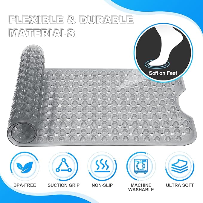 Bathtub and Shower Mats, 40x16 Inch Extra Large Non Slip Soft Bath Tub Mat with Suction Cups and Drain Holes for Bathroom Floor and Keep Tubs Clean, Machine Washable, Clear Gray