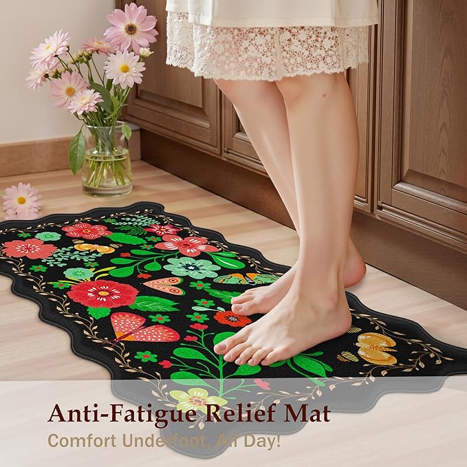 Arenarug Scalloped Black Kitchen Mats for Floor Cushioned Anti Fatigue Kitchen Mats Rugs Waterproof Non Slip Farmhouse Boho Floral Comfort Foam Standing Mat for Sink Laundry, 17.3x47