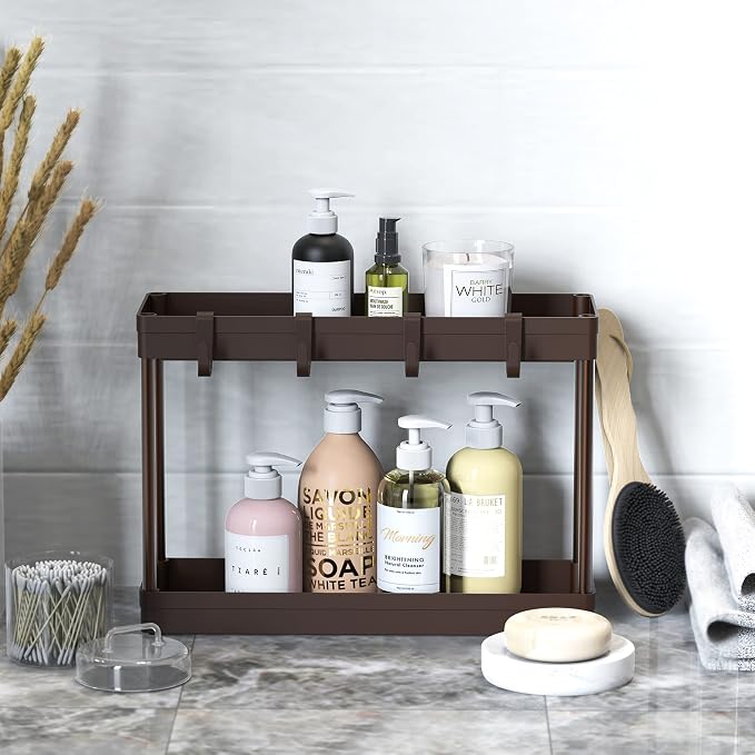 Simple Houseware 2-Tier Under Sink Organizer Storage Tray with Hooks, Brown