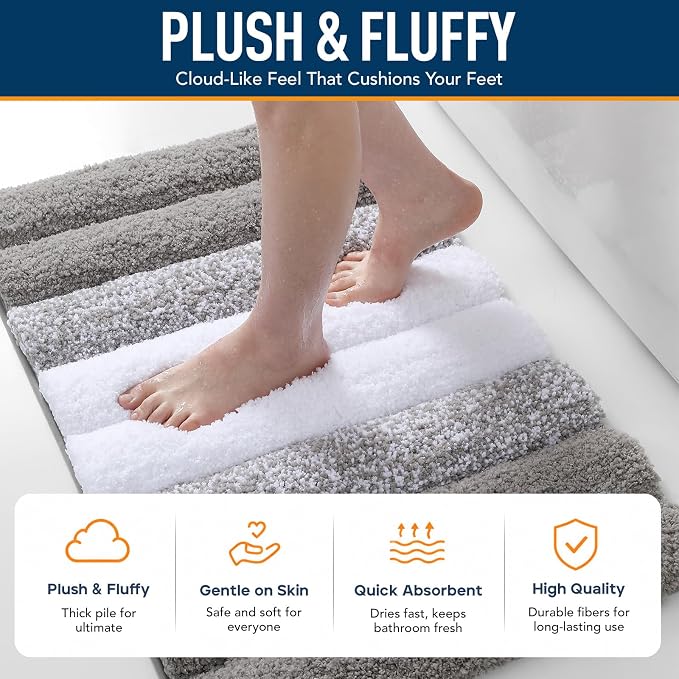 XIYUNTE Thick Bathroom Rug Set of 2 Piece, 32"x20"+24"x16" Extra Soft Microfiber Gray and White Bath Rugs, Quick Dry Super Absorbent Rubber Backing Non Slip Washable Bath Mats for Floor Tub Shower