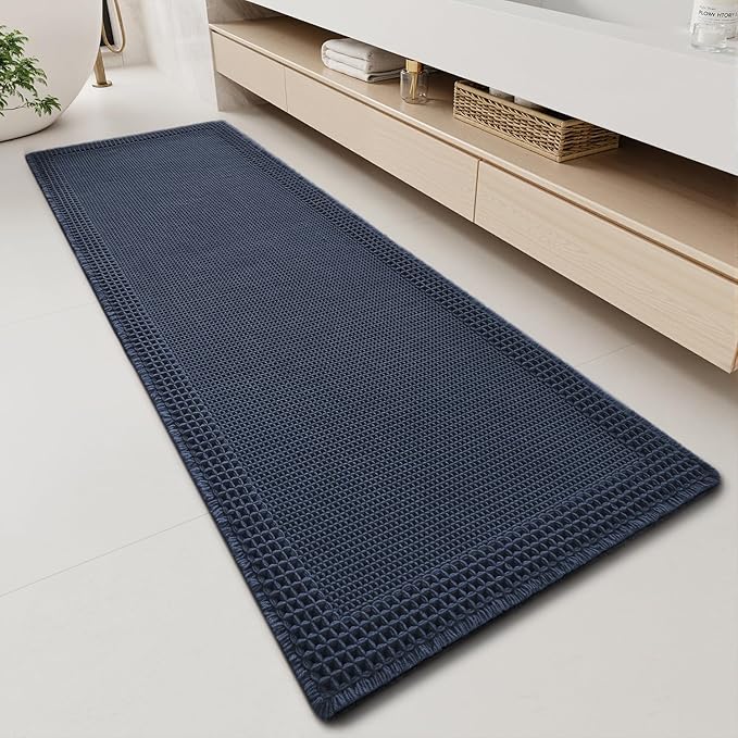 RESARE Waffle Bathroom Runner Rugs, Super Absorbent Bath Mat Non Slip Washable Quick Dry, Upgraded Ultra Soft Boho Bath Rugs with Tassels, Farmhouse Home Decor Accessories, 2'x5'(24"x60") Navy