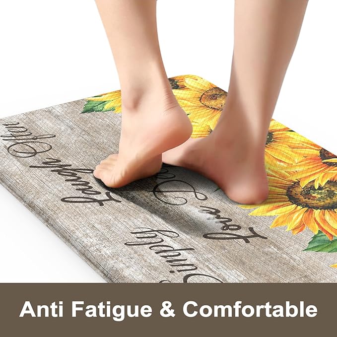 KIMODE Anti Fatigue Kitchen Mat for Floor, Farmhouse Sunflower Kitchen Rugs 2 PCS, Kitchen Floor Mats Non-Slip Cushioned, Comfort Standing Mat for Sink, Laundry, Desk Brown 17"x47"+17"x29"