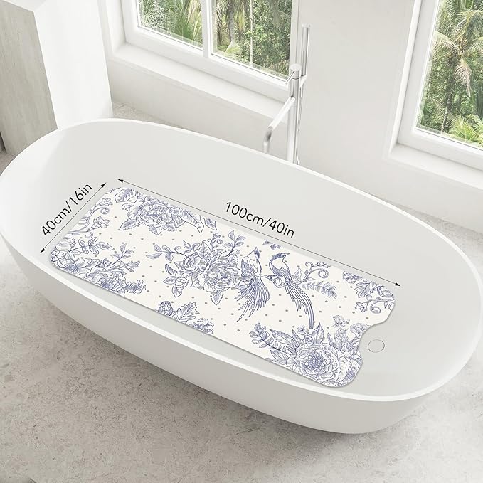 SHUCHING Vintage Blue Bath Mat for Tub Non Slip-40 X 16Inch, Flower and Bird Bathtub Mat Anti Slip for Women, Long Shower Mat for Bathroom Mold Free, Machine Washable