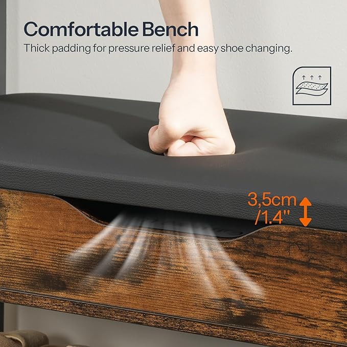 HOOBRO Hall Tree with Bench, Shoe and Coat Rack for Entryway, Coat Rack with Bench, Flip Top Storage Box, PU Cushioned Seat, Non-Woven Fabric Drawer, for Entrance, Rustic Brown and Black BF110MT01