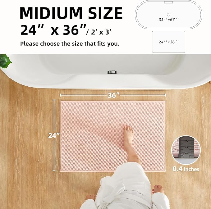 TYUU Bathroom Rugs Non Slip Washable, Super Absorbent Thin Bath Mat Quick Dry Low Pile Bathroom Rug, Pink 24"x36"
