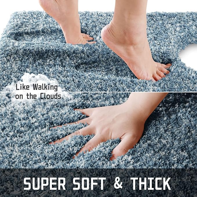 Yimobra Toilet Rugs U Shaped Washable 24X20, Ultra Soft and Water Absorbent Bath Mats, Non Slip Fluffy Shaggy Luxury Microfiber Contour Bath Rugs for Toilet, Dry Quick, Denim Blue and White