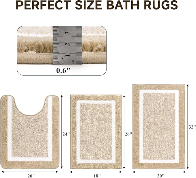 Pauwer Bathroom Rugs Sets 3 Piece Bathroom Shower Rugs with U-Shaped Contour Toilet Mat Absorbent Microfiber Plush Bath Mats Non Slip Bath Rugs Machine Washable Shaggy Bath Floor Mats