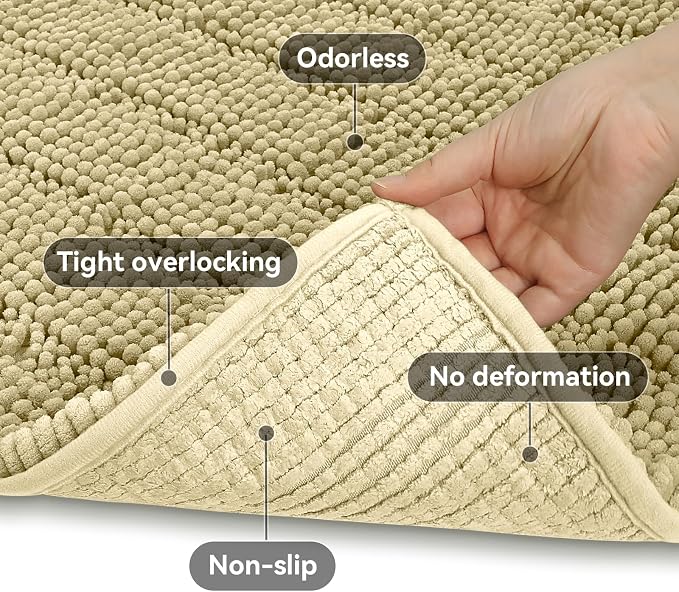 Bcoimo 30"×20" Chenille Bath Mat – Non-Slip with Backing Bath Rug Ultra-Absorbent and Machine Washable Bathroom Mat Quick-Dry Design. Ideal for Bathroom Shower and Tub Areas
