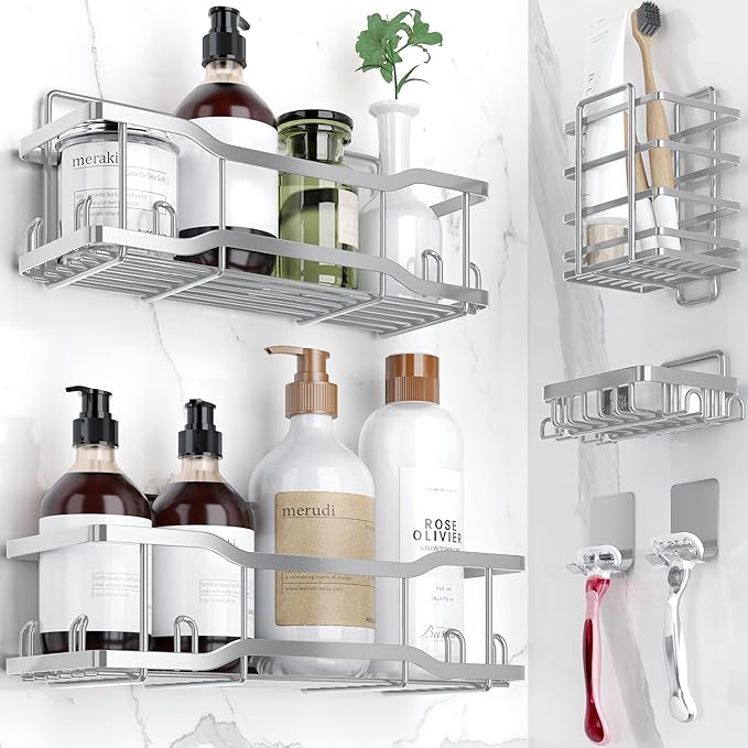 Shower Caddy Bathroom Shelves, The Athena Silken 4 Set, 40LB Capacity, Adhesive Tape No Drill - Rustproof -Gorgeous Powder Coated 304 Stainless Steel Shower Organizer for kitchen & Home Decor - Silver