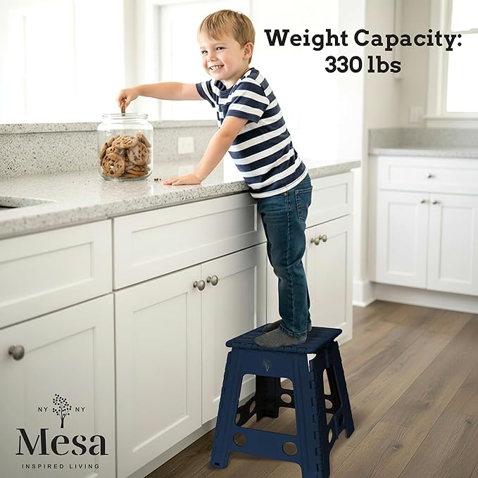 Inspired Living 18" Step Stool, Folding Step Stools for Adults, Plastic Foldable Step Stools Kids, Holds Up to 330 lbs, Collapsible Folding Stool for Kitchen, Bathroom, Bedroom (Navy, 18" High)