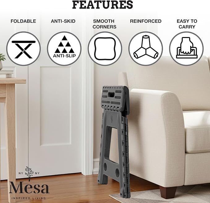 Inspired Living 18" Step Stool, Folding Step Stools for Adults, Plastic Foldable Step Stools Kids, Holds Up to 330 lbs, Collapsible Folding Stool for Kitchen, Bathroom, Bedroom (Grey Black, 18" High)