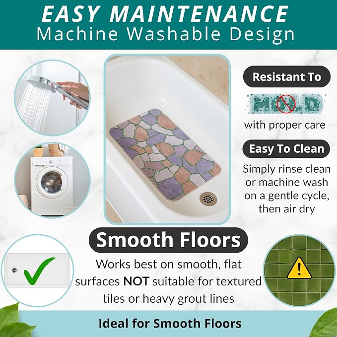 ENKOSI Non Slip Shower Mat – Bath Mat for Tub and Shower Floors – Anti Slip Bathtub Mat with Strong Suction Cup Grip – Unique Design Soft Bathroom Mat for Inside Baths and Showers (28x16 Stone Path)