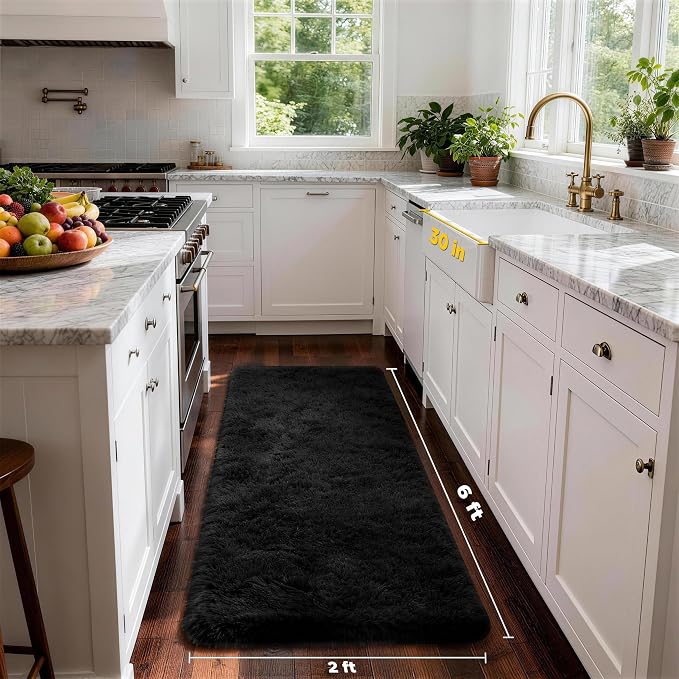 Ophanie Runner Rug for Hallway, 2x6 Bedroom Black Runner Rugs, Non Slip Fluffy Soft Shaggy Bedside Carpet for Kids Girls Boys Home Decor Aesthetic, Dorm Nursery