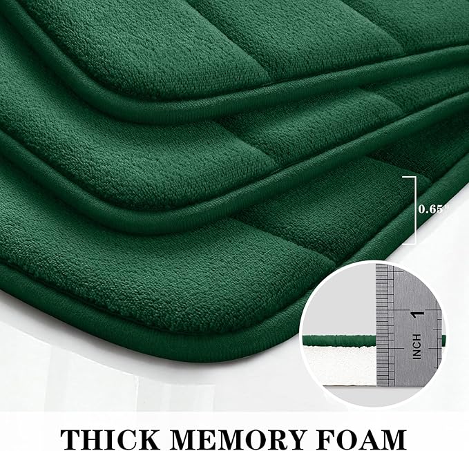 BYSURE Dark Green Memory Foam Bathroom Rug Set 3 Piece, Non Slip Extra Soft Absorbent Machine Washable Toilet Bath Toilet Mat (17"x24"+20"x32"+U Shape 20"x24")