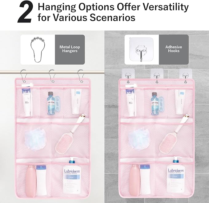 F-color Cruise Essentials 2026 - Mesh Shower Organizer Hanging with 7 Pockets for RV Gym Camping, Quick-Dry Portable Toiletry Bag with Metal Hooks for Bathroom Travel Toiletries, Pink