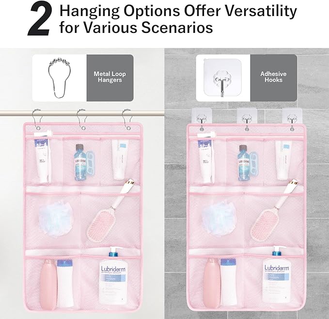 F-color Cruise Essentials 2026 - Mesh Shower Organizer Hanging with 7 Pockets for RV Gym Camping, Quick-Dry Portable Toiletry Bag with Metal Hooks for Bathroom Travel Toiletries, Pink+Pink