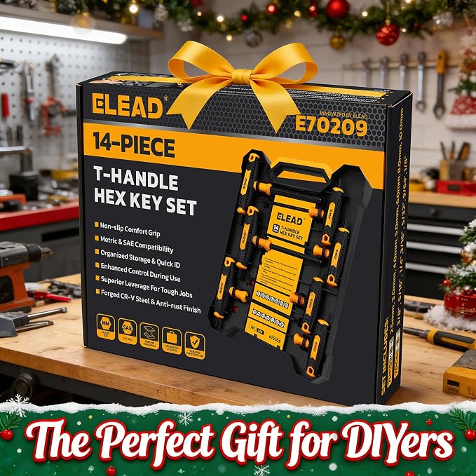 ELEAD 14-Piece T-handle Allen Wrench Set, Metric 2.5mm-10mm & SAE 1/8"-3/8" Portable Hex Key, Long Arm Allen Key Set with Storage Box for Basic Home Repair and Mechanical Maintenance
