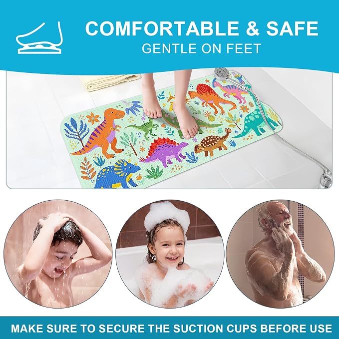 XIYUNTE Baby Bath Mat for Tub Non Slip Kids, BPA Free Extra Long Bathtub Mat 40x16 with Drain Holes and 200 Suction Cups, Non Toxic Machine Washable Toddler Bath Mat, Eco-Friendly Certified