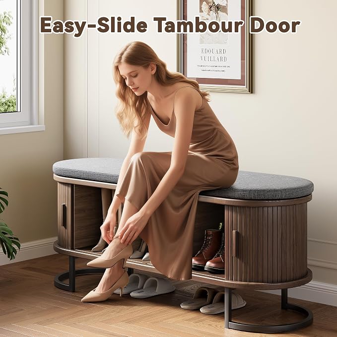 Decofy Storage Bench with Cushion and Sliding Doors, 47.2 Inch Large Entryway Shoe Bench with Sturdy Metal Feet, Multi-Functional for Entrance Hall, Bedroom, Living Room (Walnut)