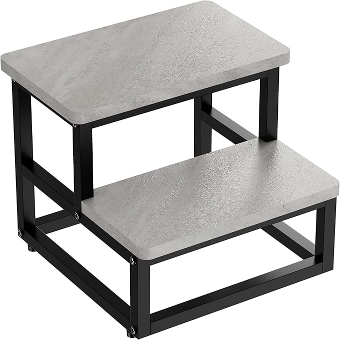 SZLHANJZ Step Stools, Heavy Duty Stepping Stool for Kids Adults, Non-Slip Metal and Wooden 2 Steps Foot Stool for High Beds and Kitchen, Round Corner, 500 Lbs Capacity, Cement Gray