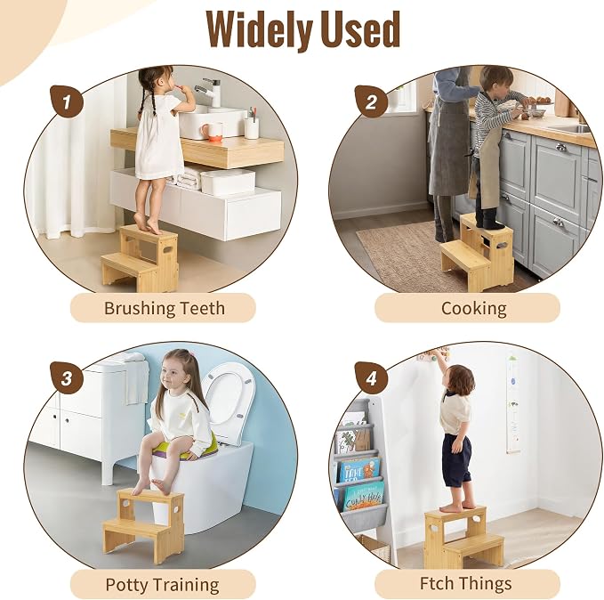 Two Step Stool for Adults and Kids, 450lbs Heavy Duty Step Stool, Bamboo Step Stool for High Beds, Portable Helper Step Stairs for Kids, for Kitchen, Bathroom, RV, Bedside Step Stool, Natural