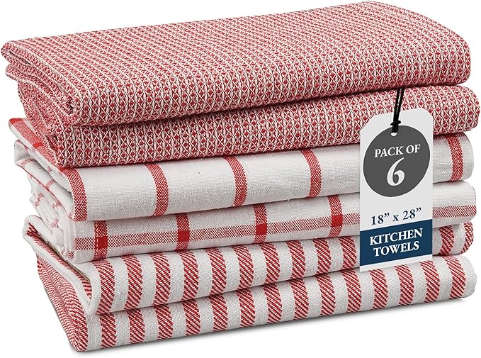 LANE LINEN 100% Cotton Kitchen Towels Set, 6-Pack – Premium, Absorbent, Quick-Drying Dish Towels, Tea Towels, 18" x 28" - Red