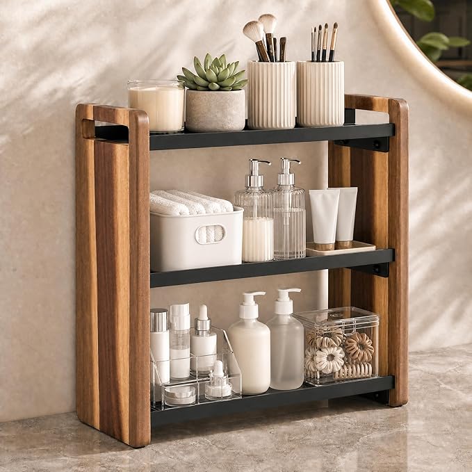 Narrow Solid Wood Bathroom Counter Organizer, Space-Saving Bathroom Storage Rack for Vanity, Multi-Purpose Kitchen Spice Rack & Bedroom Makeup Organizer(Acacia, 3 Tier)