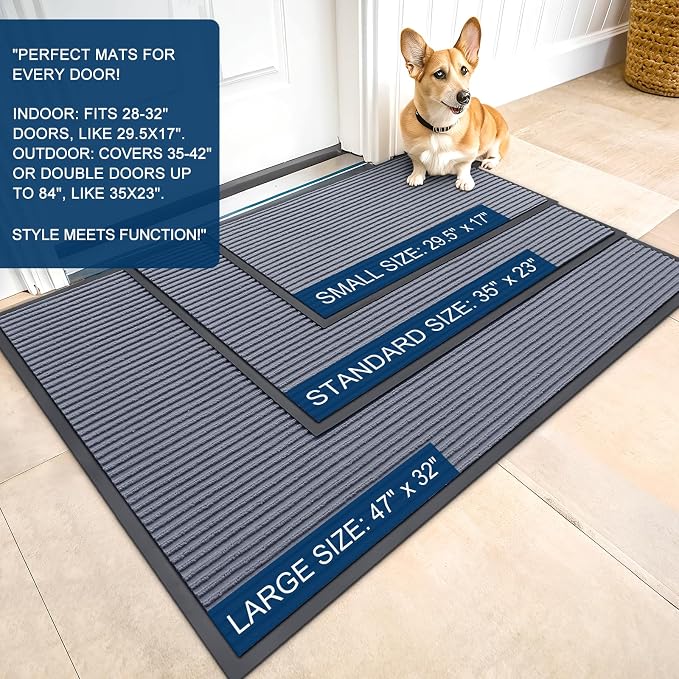 OLANLY Front Door Mat Indoor Outdoor Entrance, 2-Pack 29.5 x 17 Inch, Waterproof Heavy Duty Doormat, Fade Resistant, Low Profile, Easy Clean Patio Porch Welcome Floor Mats for Entry, Ash Grey