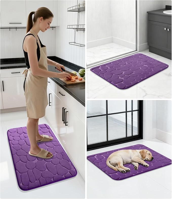 YIHOUSE Memory Foam Runner Rug, Cobblestone Bathroom Runner Rugs Super Water Absorbent Bath Mats for Bathroom Machine Washable Bath Rugs for Hallway Bedroom Laundry Room(20 x 47,Eggplant)
