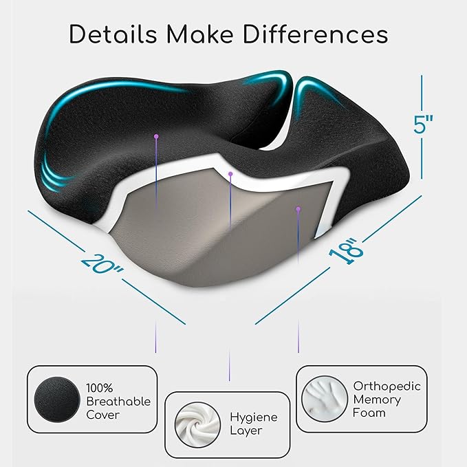 SitCushion Car Seat Cushion for Long Driving – X Large Memory Foam Seat Cushion for Sciatica & Tailbone Pain Relief, Orthopedic Coccyx Cushion with Non-Slip Bottom, Back Pillow for Car, Truck (Gray)