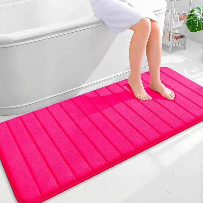 OLANLY Memory Foam Long Bathroom Rugs Runner 59x24, Super Soft Absorbent Bath Mat, Quick Dry, Machine Washable Shower Floor Rugs, Bathmat Carpet, Bathroom Home Decor Accessories, Hot Pink