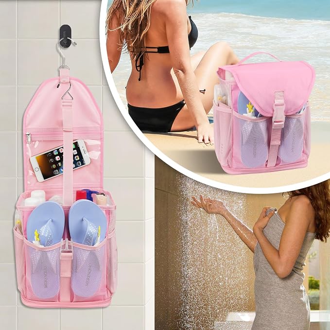 Ethereal Pink Hanging Mesh Shower Caddy Portable for College Dorm Room Essentials, Large Capacity Shower Bag for Guys/Girls, for Beach, Swimming, Gym