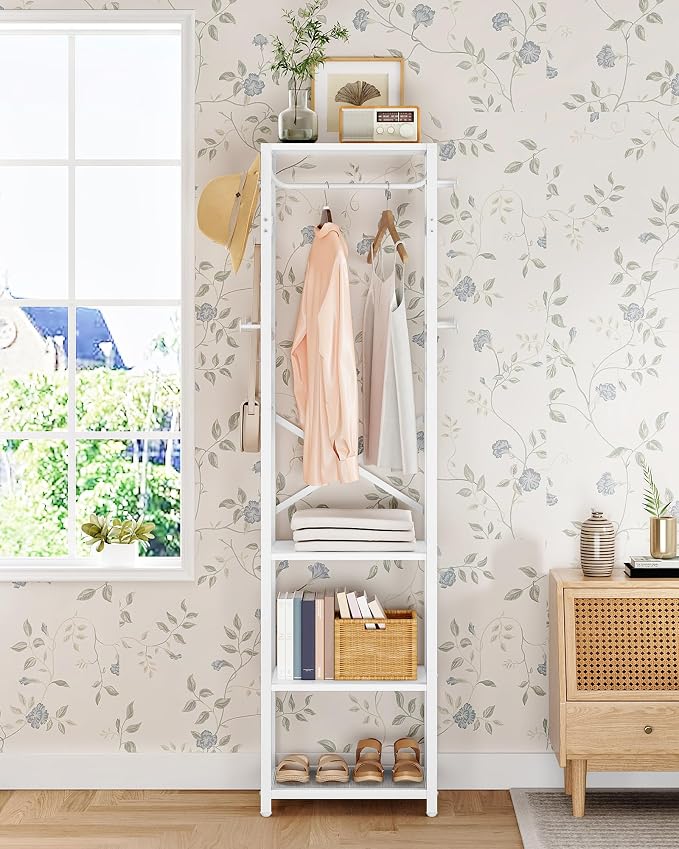 CHOEZON Coat Rack with Shelves, Freestanding Hall Tree, Coat Tree with 16 Hooks and Hanging Rail, Industrial Clothes Stand for Entryway, Hallway, Bedroom, White TYM18WB