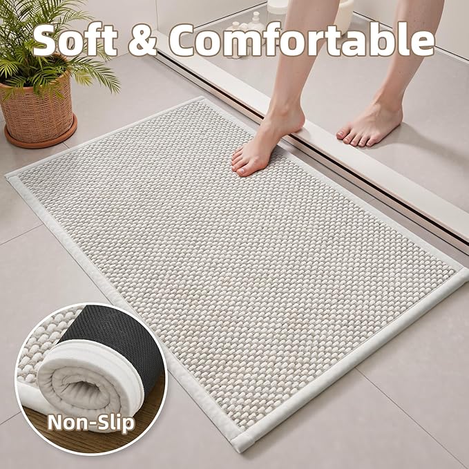 PADOOR-Bath Mat-Super Absorbent Chenille Bathroom Mats-Rubber Backed Bath Mats for Bathroom Non Slip, Easy Clean Bathroom Rugs Front of Bathtub,Shower Room,Sink-24×36, Beige&Cream
