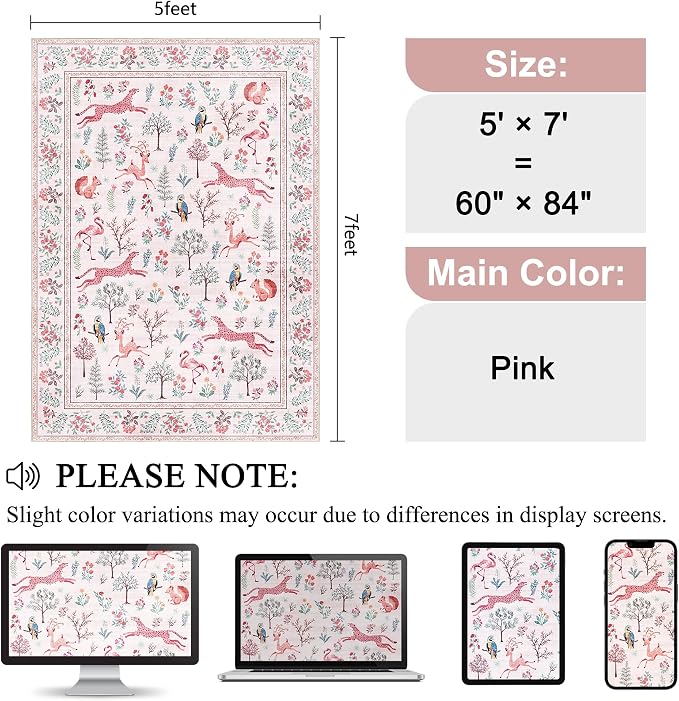 DUKINO 5x7 Rug, Washable Animal Living Room Rug with Non Slip Vintage Design, Soft Low Pile Large Carpet for Bedroom, Nursery, Dining Room, Farmhouse, Playroom, Pink