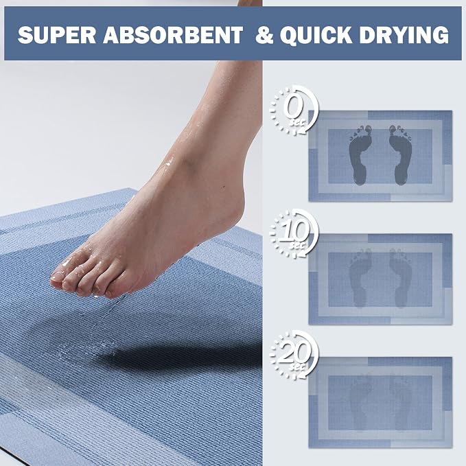 YDKGL Non Slip Long Bath Mat Bathroom Runner, Rubber Backing Ultra Thin Bathroom Rugs Fit Under Door Quick Dry Super Absorbent Washable Bath Rug Shower Mat for Bathtub Sink Floor, Blue 17"x47"