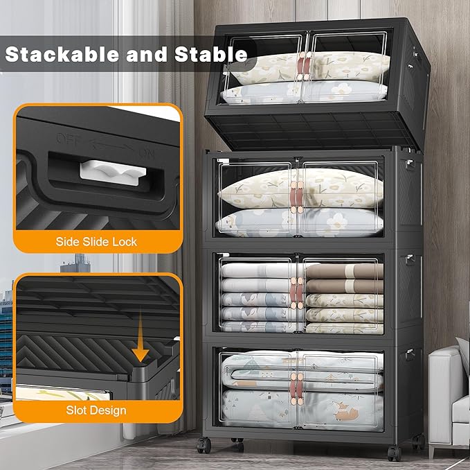 UAMFURI Stackable Storage Bins with Lids, 1400QT Closet Organizers and Storage with Doors and Wheels, Extra Large Storage Cabinet, Collapsible Plastic Drawers for Bedroom Office Garage