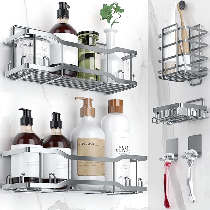 Shower Caddy Bathroom Shelves, The Athena Silken 4 Set, 40LB Capacity, Adhesive Tape - No Drill - Rustproof -Gorgeous Powder Coated 304 Stainless Steel Shower Organizer for kitchen & Home Decor - Grey