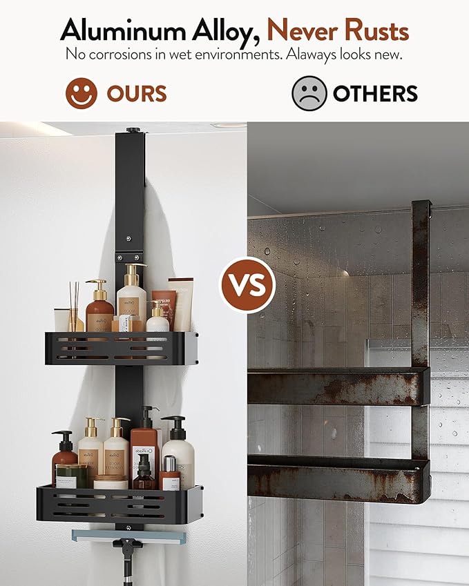 Orimade Aluminum Over the Door Shower Caddy, Rustproof Hanging Shower Organizer, Heavy Duty 44LB, Adjustable Height, Safe Rounded Edges, Bottom Plate to Hold Small Items, for Bathroom Storage, 2-Tier