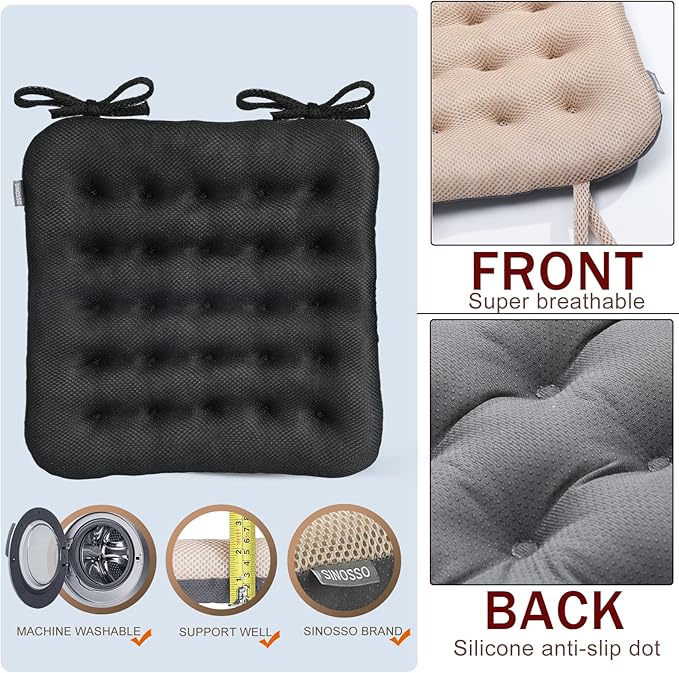 SINOSSO Excellent Support Effect Office Chair Cushion 1 Pack, Luxury Air Mesh Breathable Non-Slip Desk Computer Seat Cushion, Kitchen Dining Room Square Chair Pad (1 Count, Black)