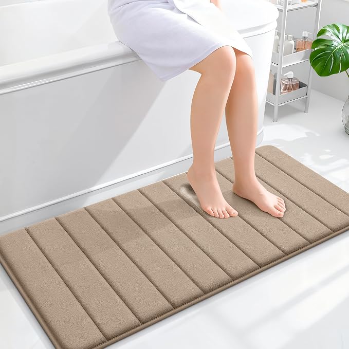 OLANLY Memory Foam Long Bathroom Rugs Runner 44x20, Super Soft Absorbent Bath Mat, Quick Dry, Machine Washable Shower Floor Rugs, Bathmat Carpet, Bathroom Home Decor Accessories, Tan