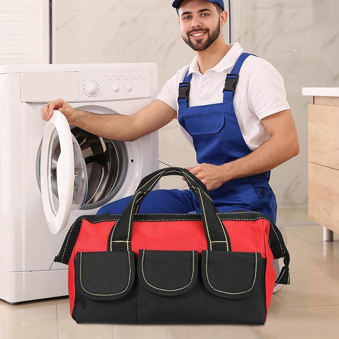 Sanwuta 3 Pack Tool Bag for Men with Waterproof Hard Bottom, Heavy Duty Tool Bag Wide Mouth Tote for Various Instrument, Electrician Carpenter Mechanic(Blue, Red, Yellow,18 Inch,Classic)