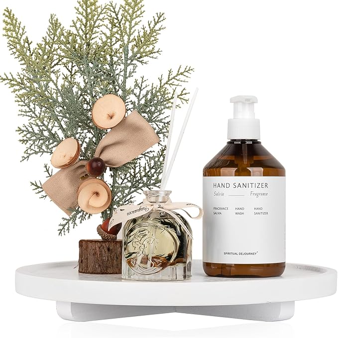 Round Decorative Tray Wood Bathroom Counter Organizer Farmhouse Kitchen Decor Wooden Riser for Soap Dish, Perfume, Candle, Sponge, 12" - White