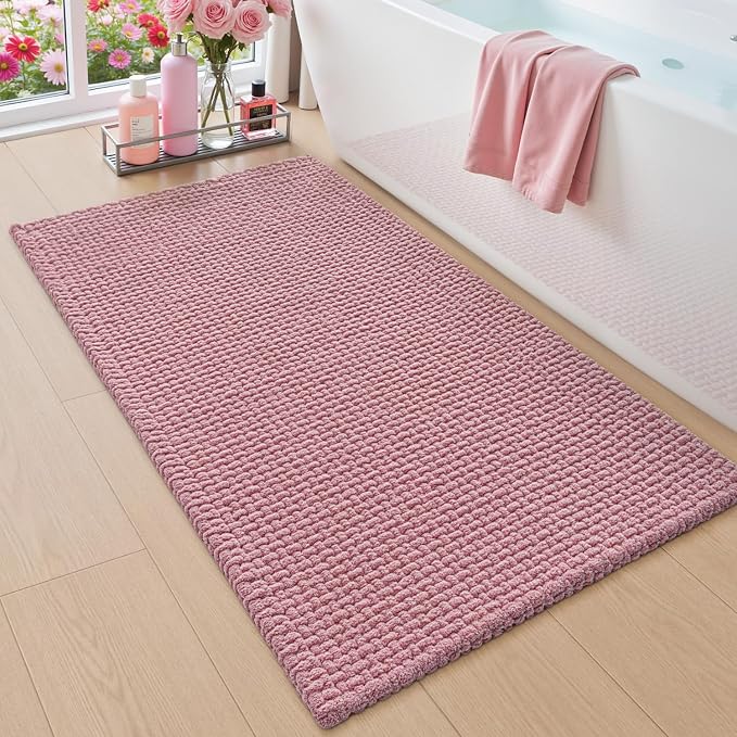 DEXI Bathroom Rugs 43x24, Non Slip Washable Bath Mat, Absorbent Chenille Bathmat, Ultra Soft Thick Carpet for Tub Shower Floor, Pink