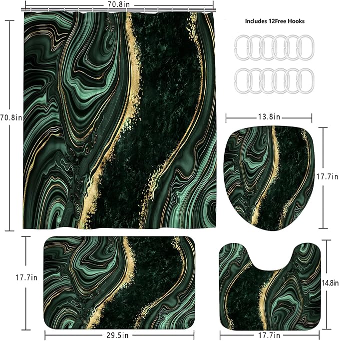 Nkzply 4 Pcs Green Marble Shower Curtain Sets with Rugs Gold Bathroom Sets with Shower Curtain and Rugs Modern Abstract Bathroom Decor Accessories Shower Curtains for Bathroom Toilet Lid Cover
