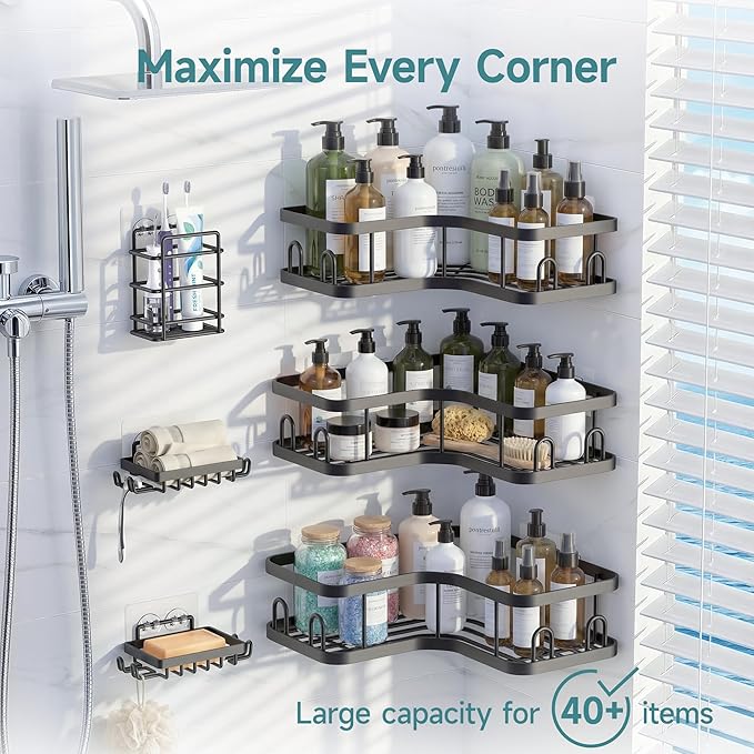 Veken Corner Shower Caddy 6-Pack, Advanced Rustproof Design, No Drilling Adhesive Shelves, Rack with Soap Holder, Large Capacity Bathroom Organizers and Storage, Wall-Mounted Kitchen&Home Decor,Black