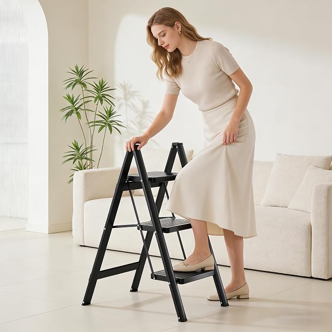 Step Ladder 3 Step Folding, Sturdy 330 Lbs Small Step Stool for Adults, Closet Step Stool Ladder with Anti-Slip Wide Pedals, Portable Folding Ladder for Home Kitchen Office