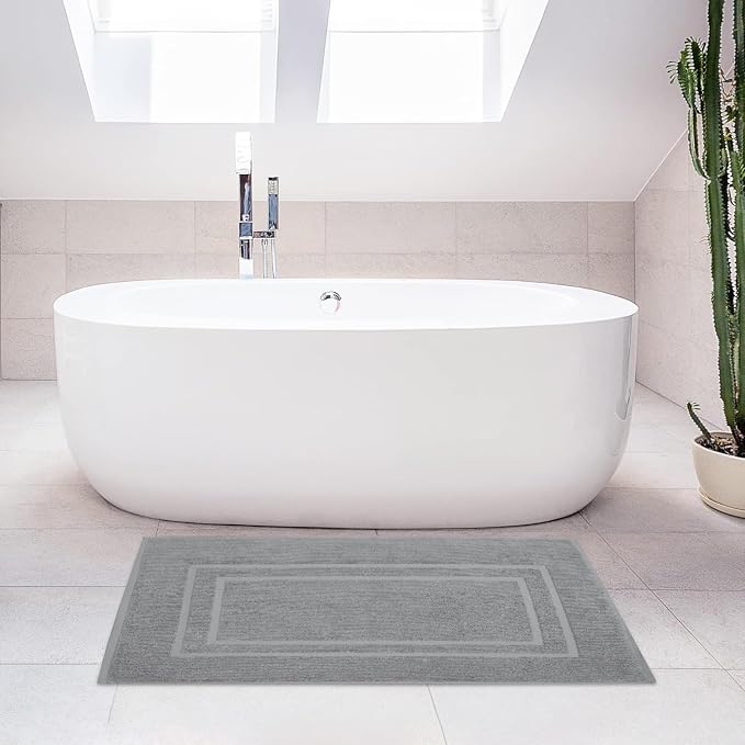Feather & Stitch 2 Piece Towel Like Bath Mats (30x21 Inch) 100% Cotton Terry Bath Mats, Bathroom Shower Floor Mats [NOT A Bathroom Rug], Soft Absorbent Washable Mats - Dark Grey